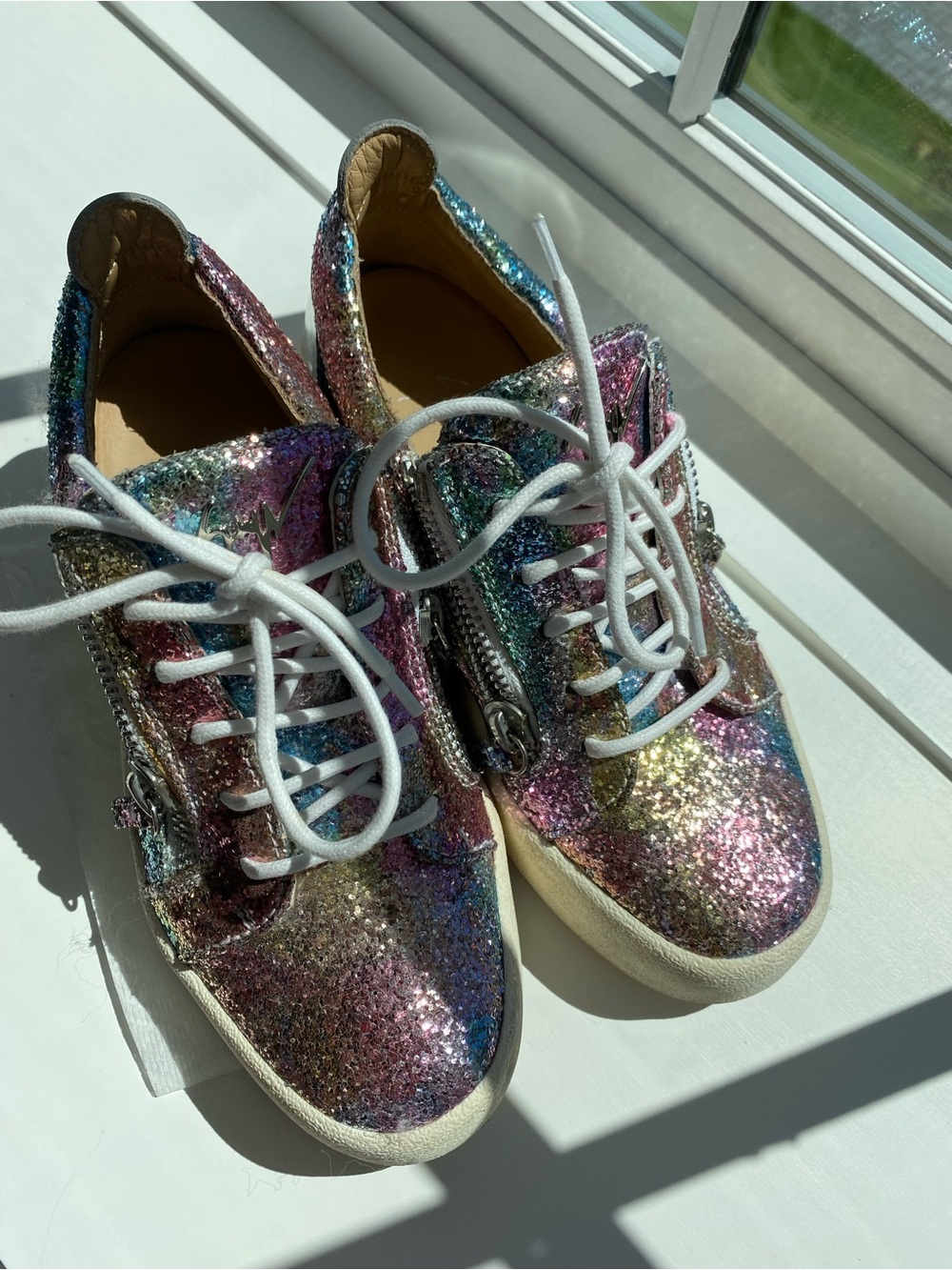 Giuseppe Zanotti Sparkly Multi Colored SneakerTan Leather Shoe Interior